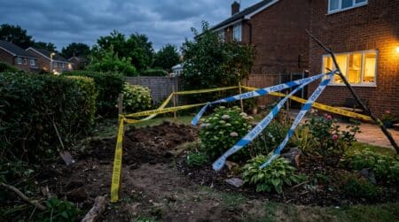 Jardin résidentiel avec terre retournée et scène d'enquête