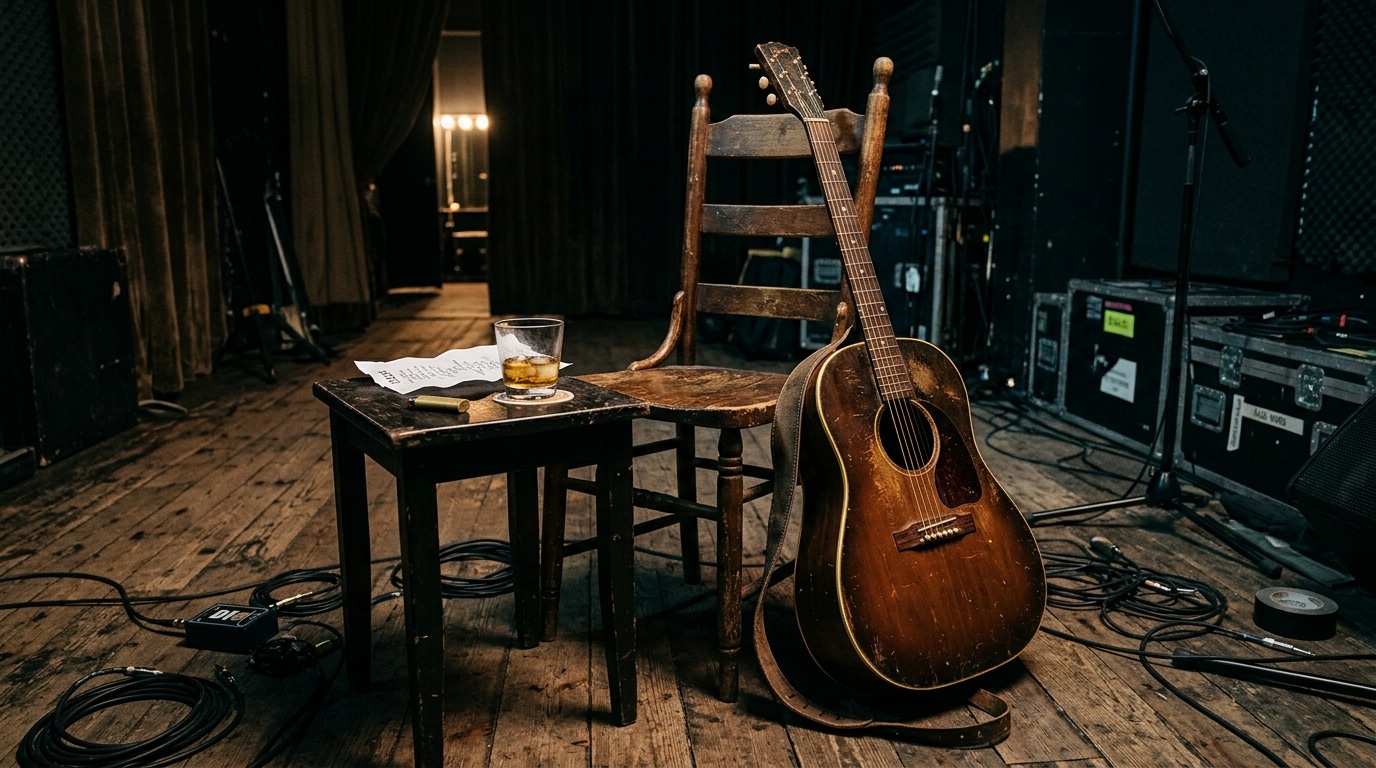 Guitare et chaise vides dans une loge, ambiance mélancolique