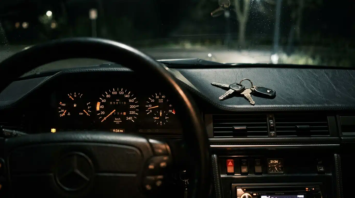 Tableau de bord de voiture la nuit, clés abandonnées