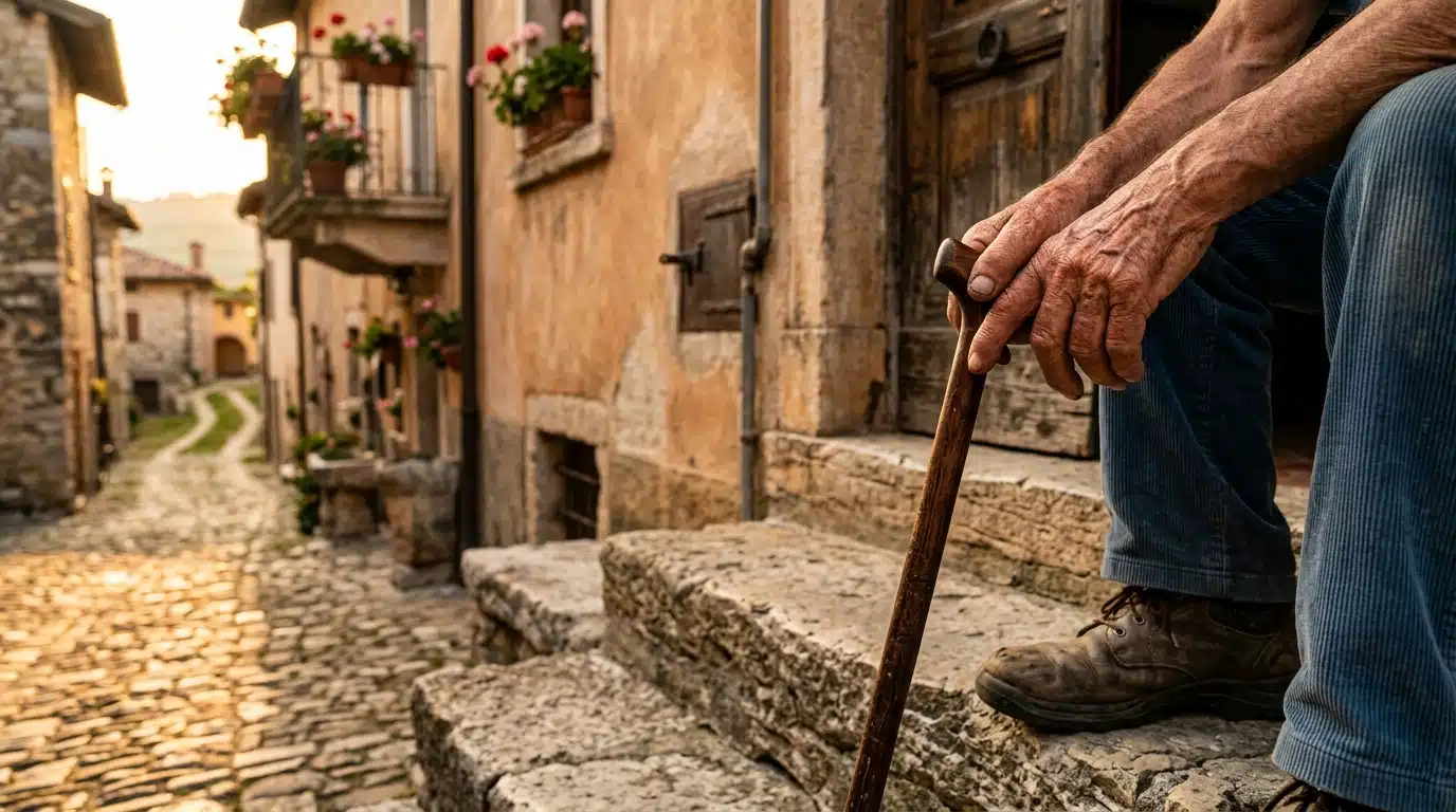 Retraité italien s'appuyant sur une canne devant sa maison
