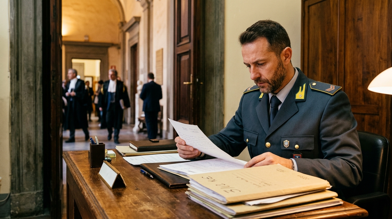 Agent de la Garde de la finance examinant le dossier de fraude