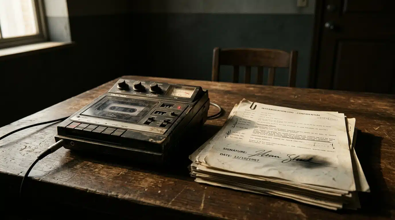 Magnétophone ancien et documents sur un bureau en bois