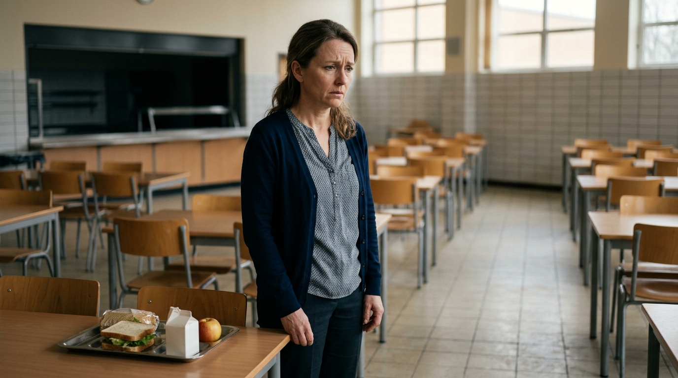 Enseignante inquiète dans une cantine scolaire vide
