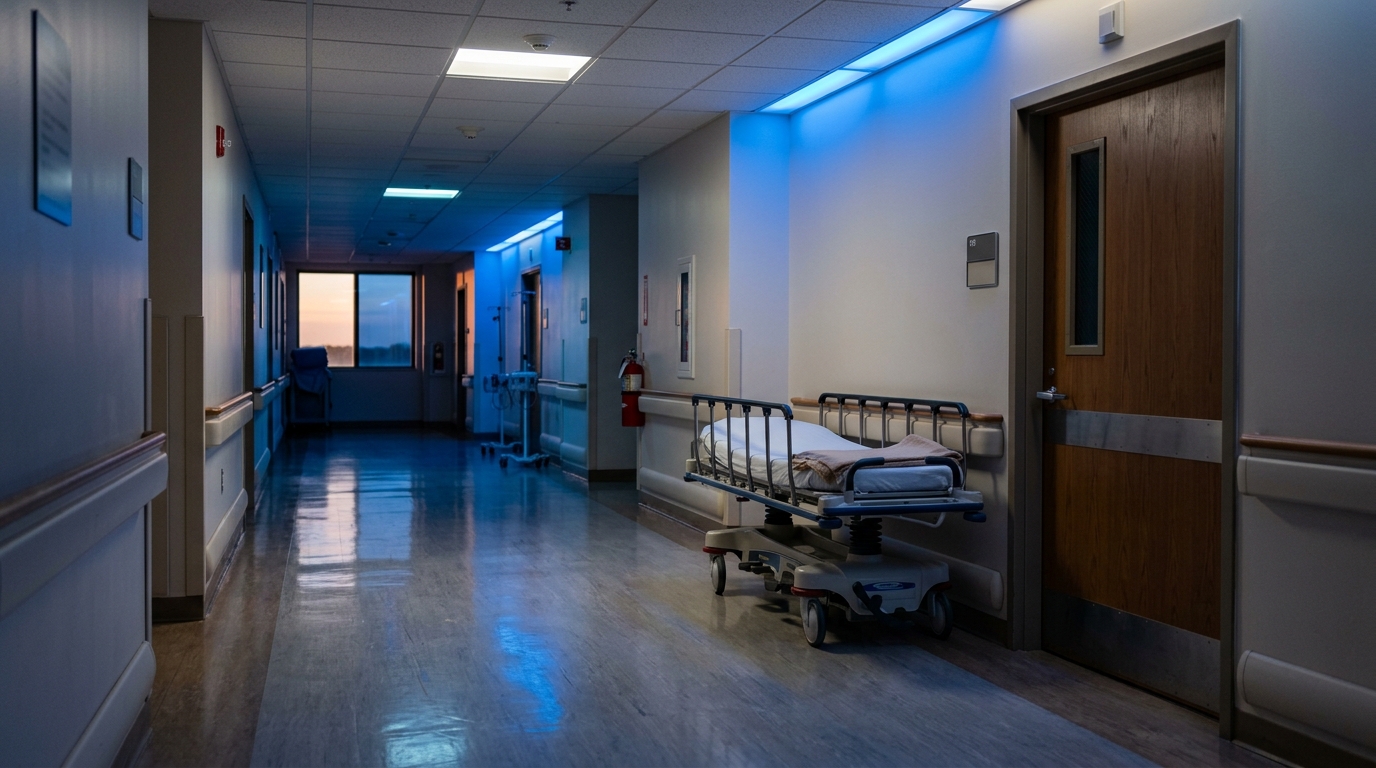 Couloir d'hôpital avec civière vide en soirée