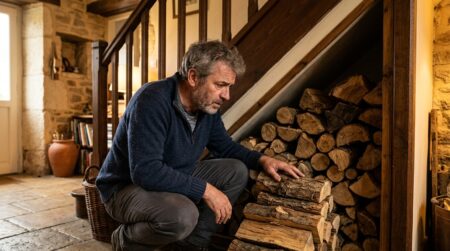 Homme inquiet devant du bois stocké sous un escalier