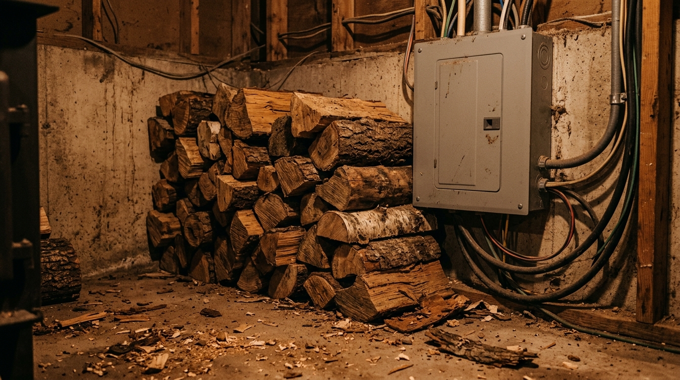 Bois de chauffage entassé près d'un tableau électrique
