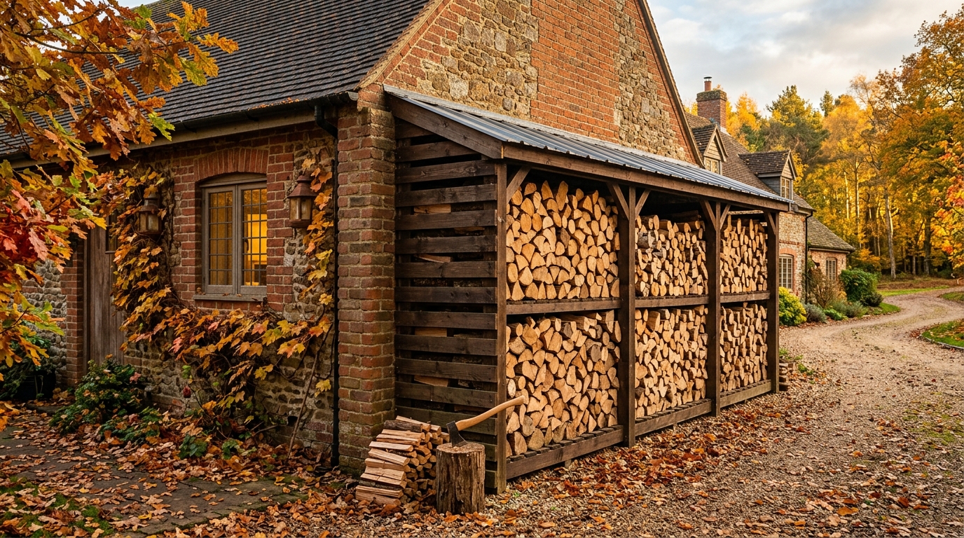 Abri à bois extérieur avec mur coupe-feu adossé à la maison