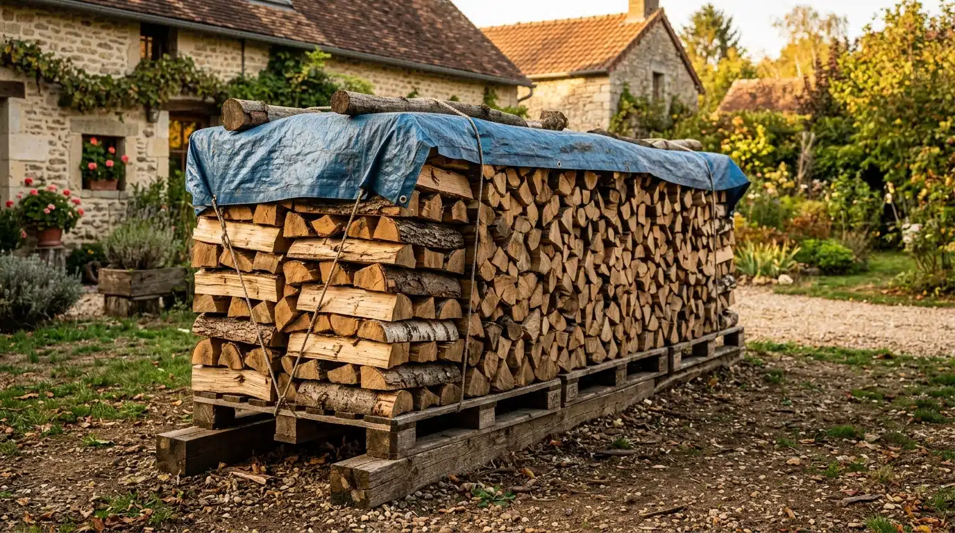Empilage correct de bûches surélevées sous abri ventilé