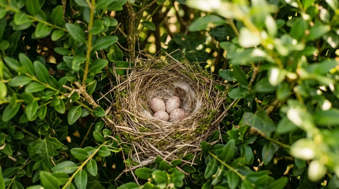 Nid d'oiseau caché au cœur d'une haie verte