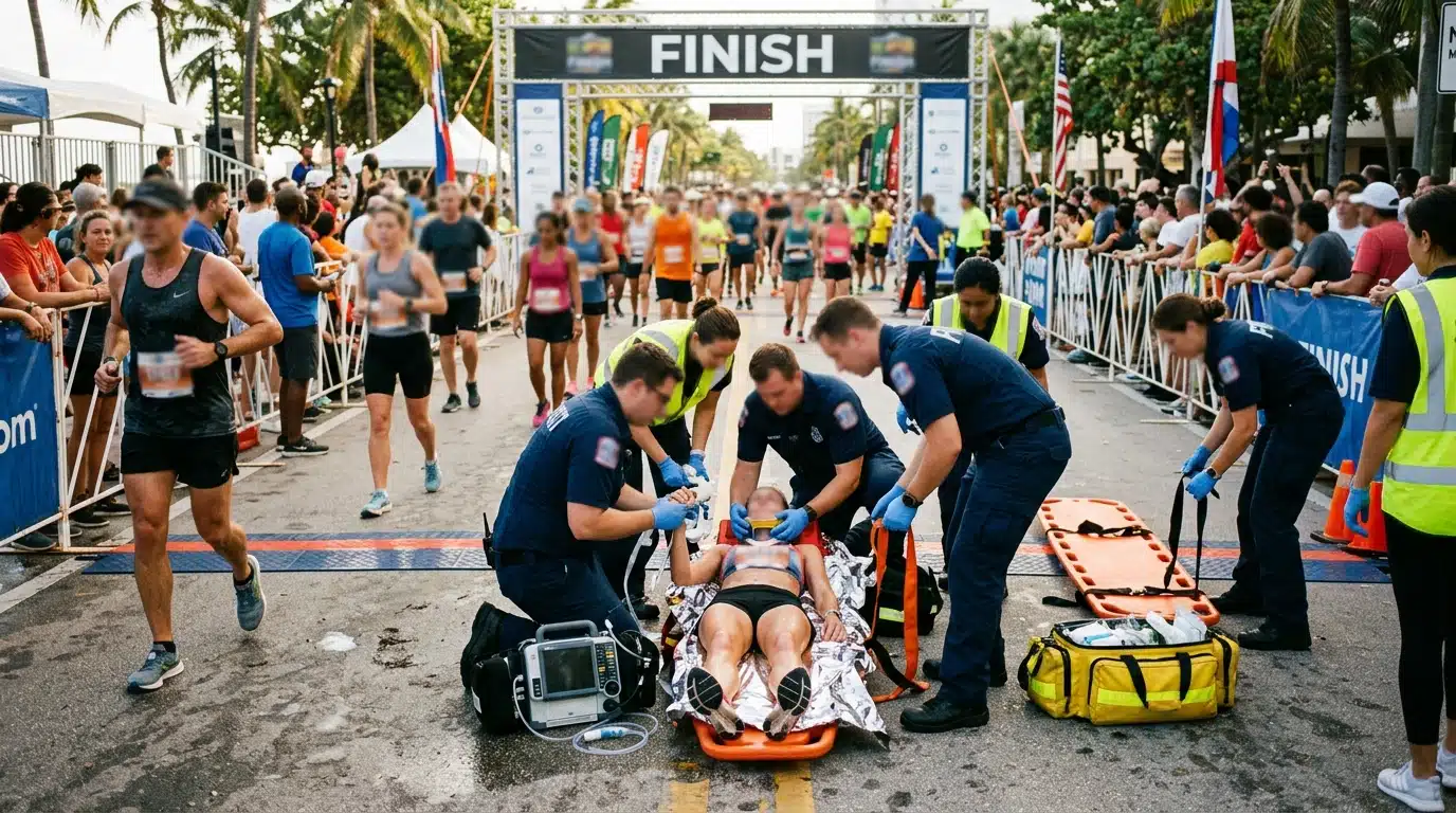 Secouristes et civière près d'un marathon