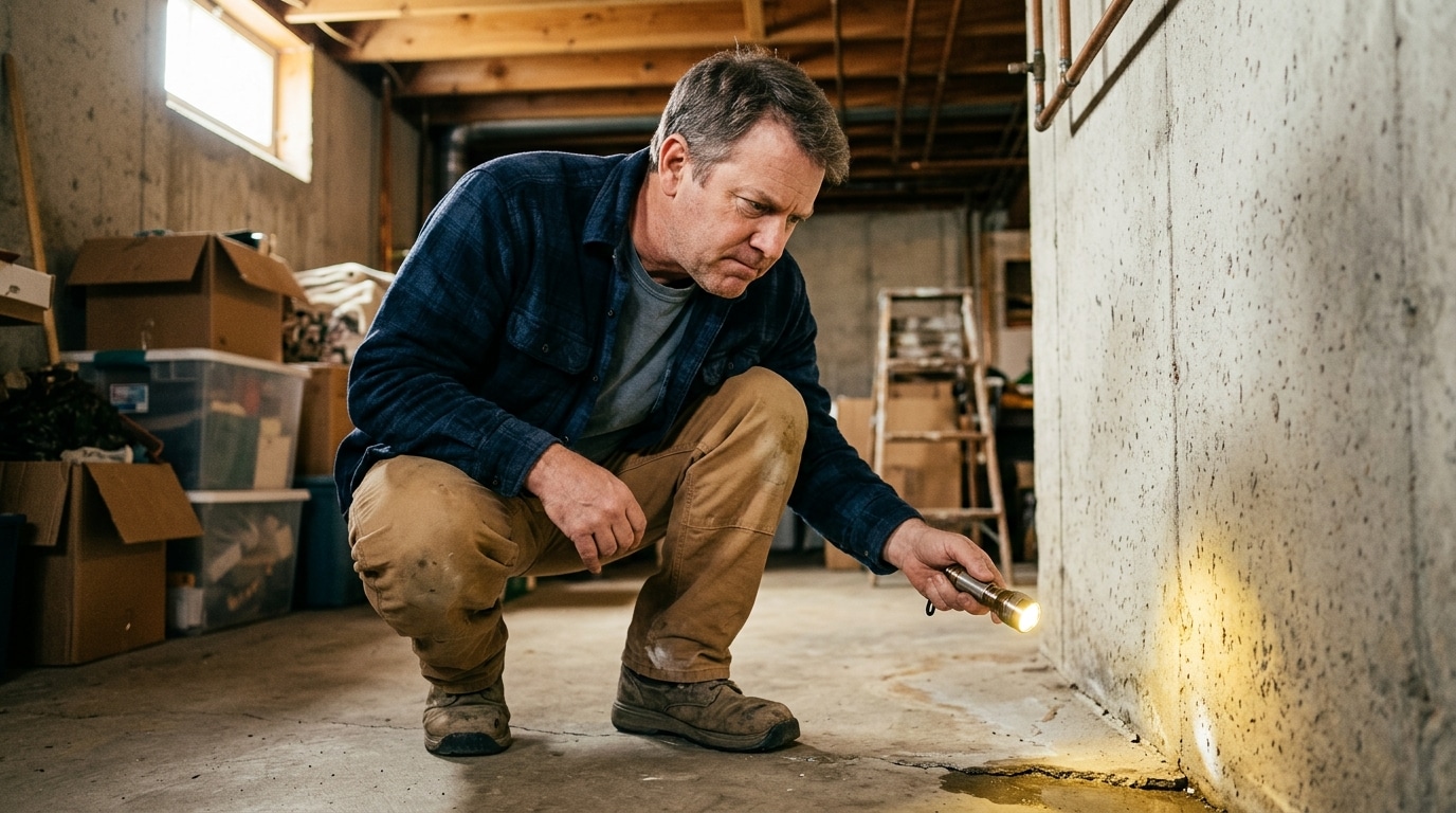 Homme accroupi examine une jonction mur-dallage humide