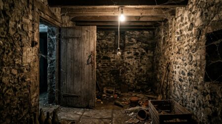 Cave sombre en pierre avec ampoule suspendue
