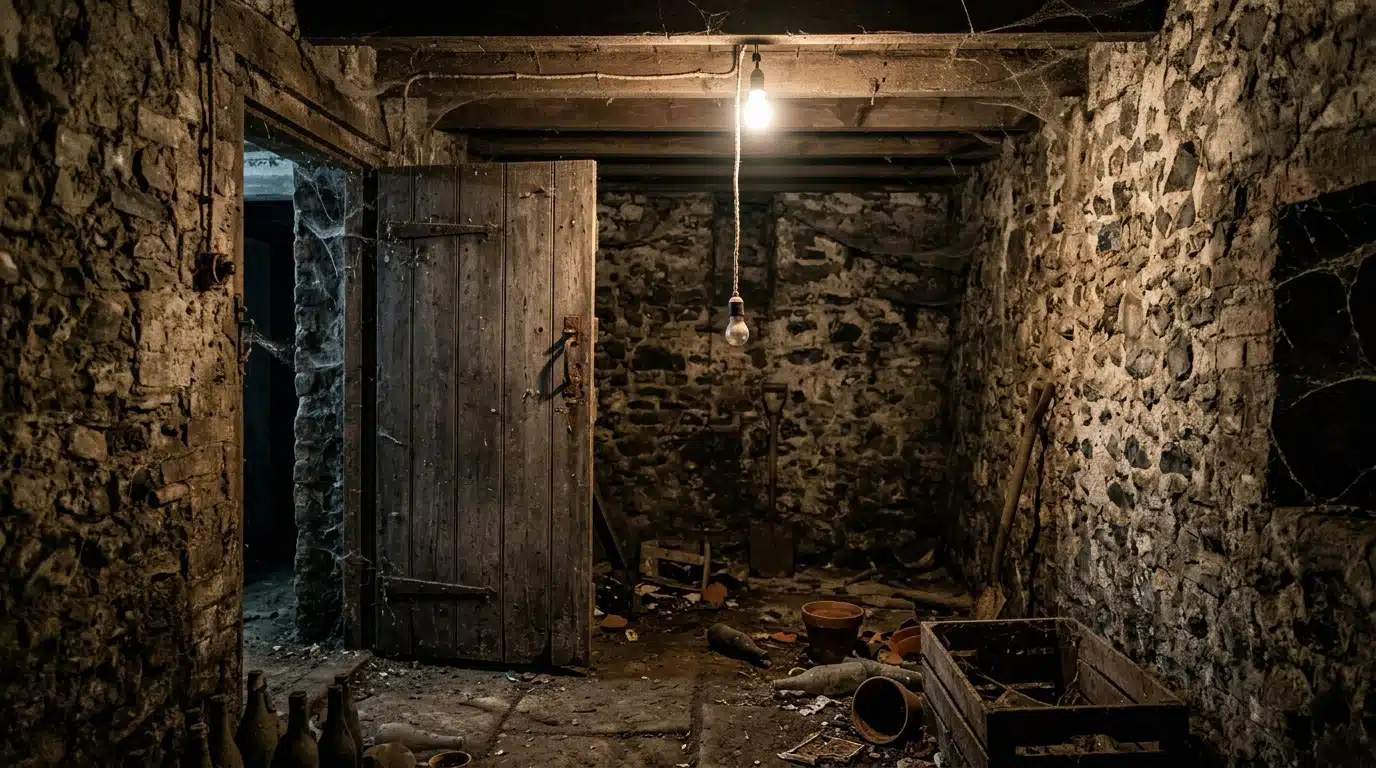 Cave sombre en pierre avec ampoule suspendue