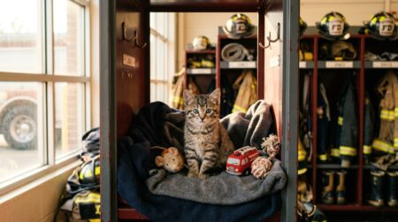 Chaton aux yeux bleus dans une caserne de pompiers