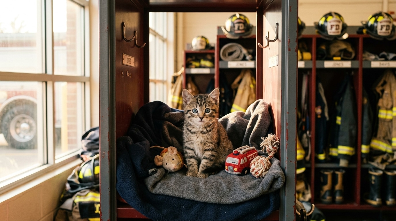 Chaton aux yeux bleus dans une caserne de pompiers