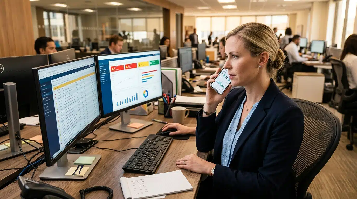 Employé de banque examinant une alerte sur ordinateur