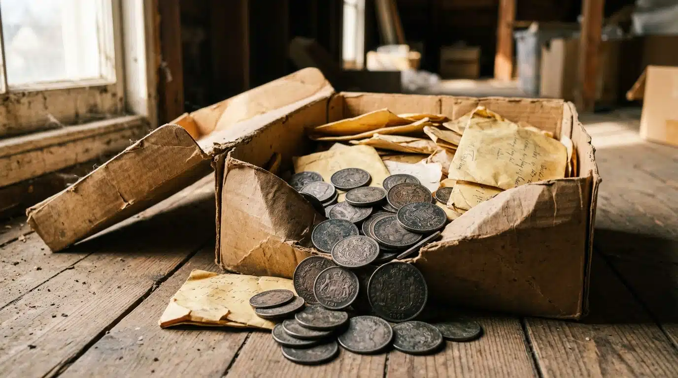 Boîte à chaussures usée remplie de pièces en argent anciennes