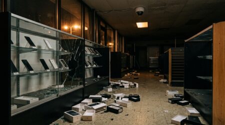 Vitrine de magasin de téléphonie vidée la nuit