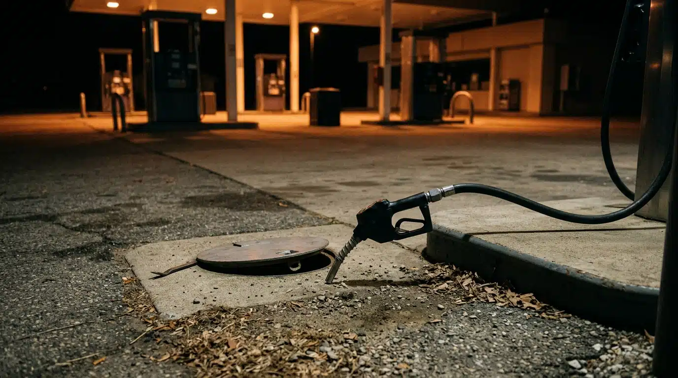 Pompe à essence de nuit près d'une trappe de cuve