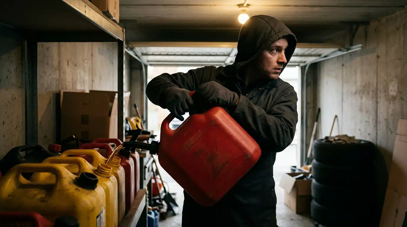 Bidons de carburant entreposés dans un box de stockage