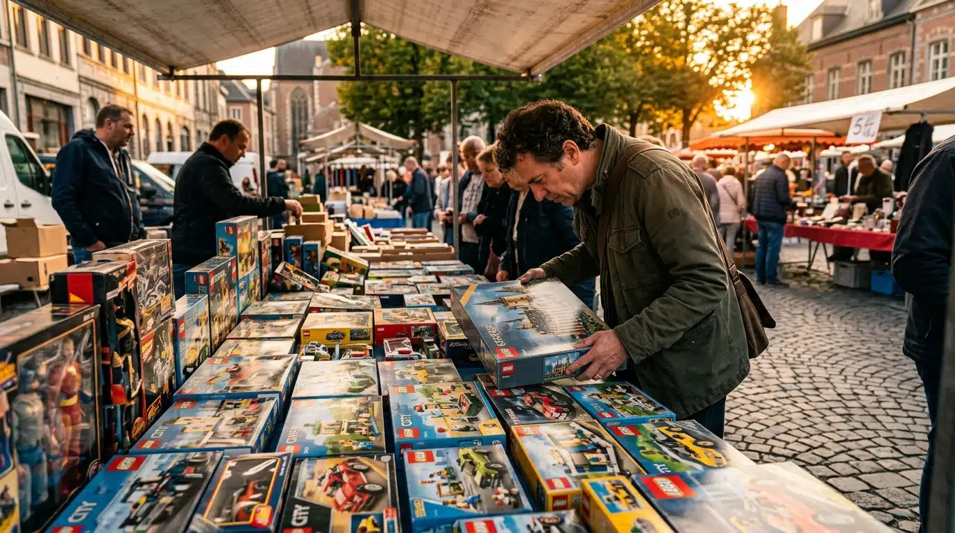 Étal de brocante avec boîtes de Lego collector