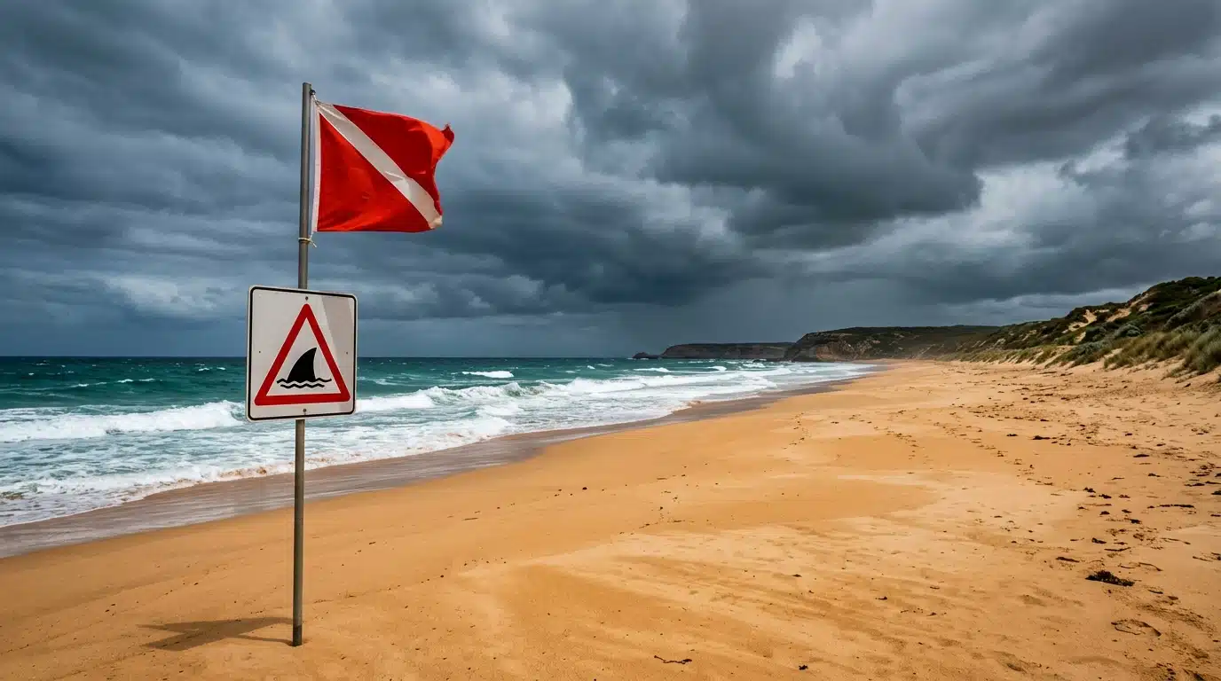 Plage australienne déserte avec drapeau d'alerte requin