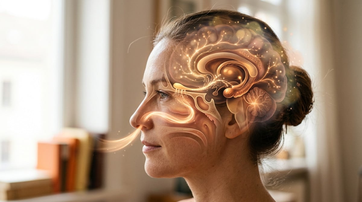 Illustration du trajet de l'odeur vers le cerveau et la mémoire