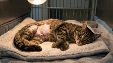 Chatte tigrée convalescente allongée après une opération
