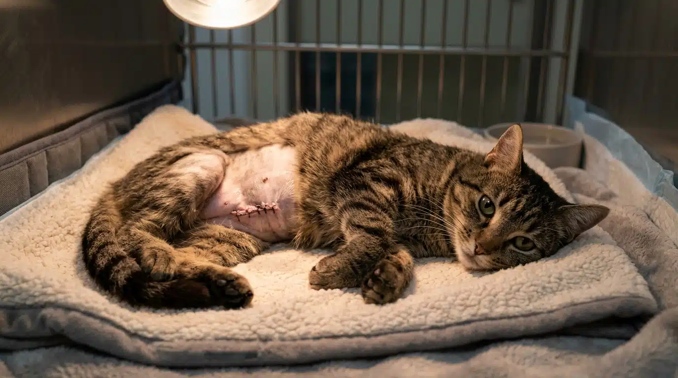 Chatte tigrée convalescente allongée après une opération