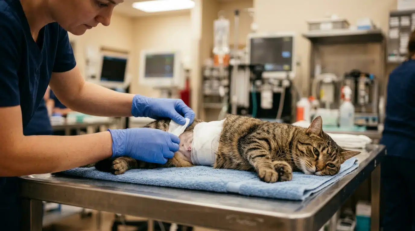 Vétérinaire examinant l'abdomen bandé d'une chatte