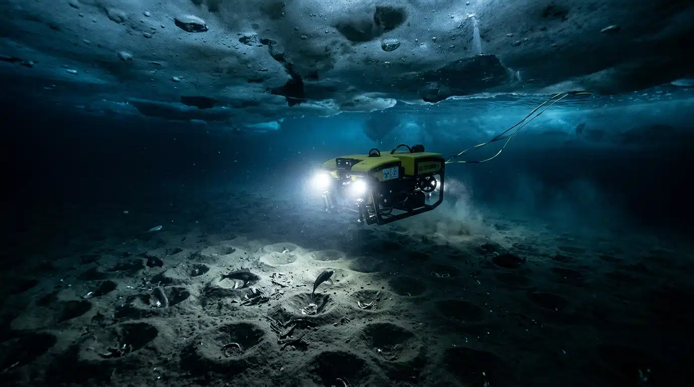 Robot sous-marin explorant des nids sous la glace antarctique