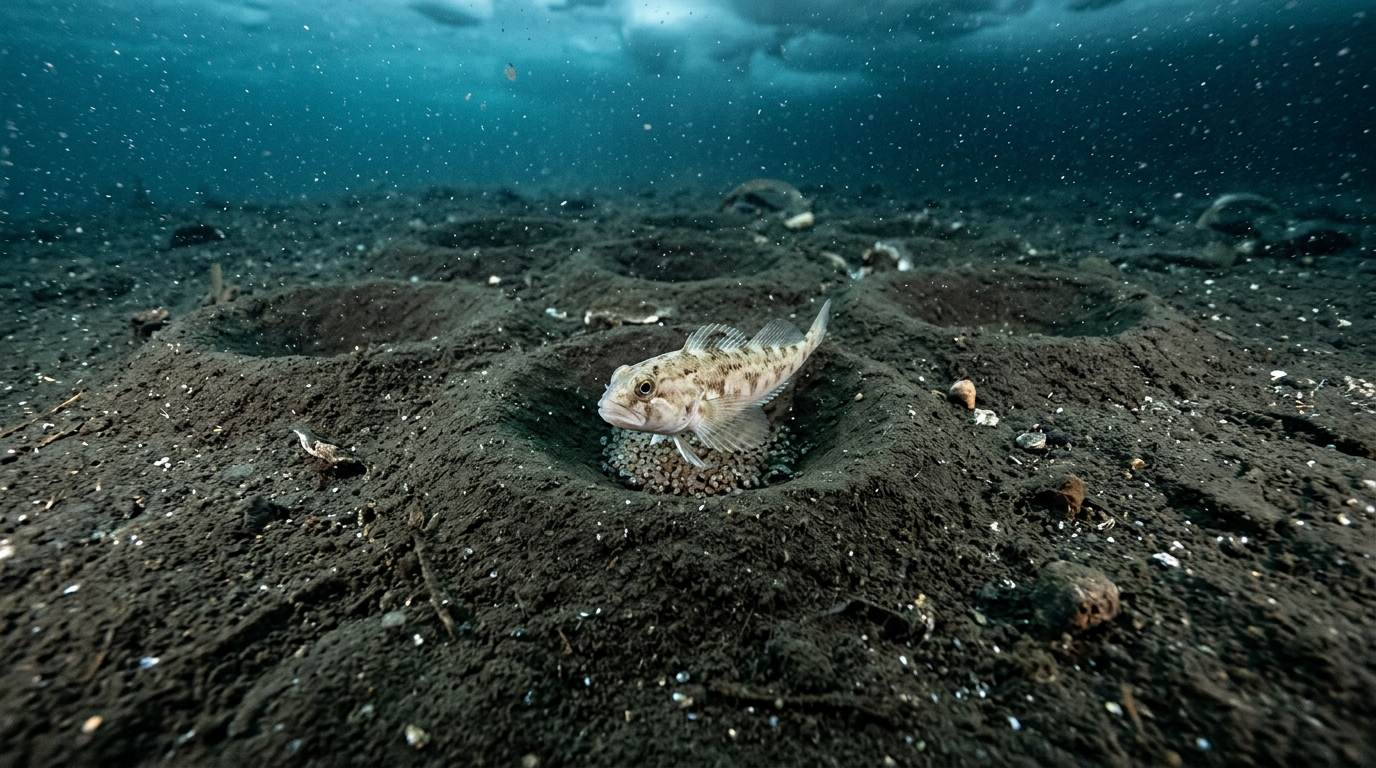 Poisson polaire gardant son nid creusé dans le sédiment