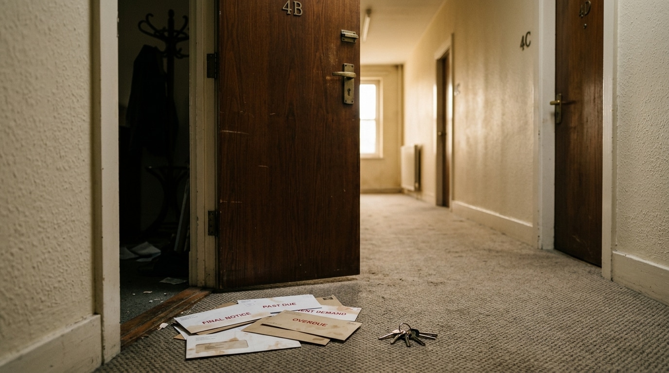 Porte d'appartement entrouverte avec des lettres de relance