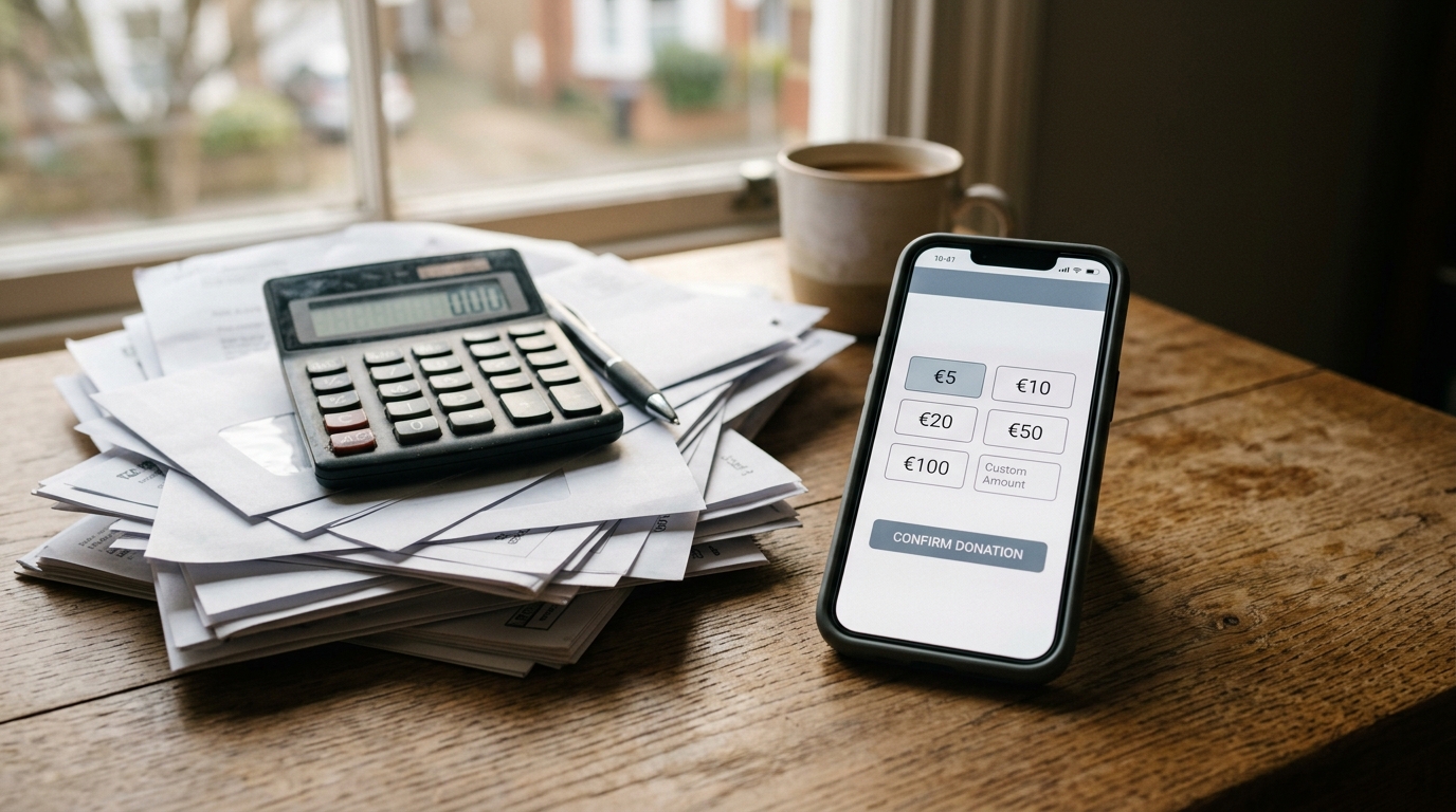 Smartphone affichant une application de dons près de papiers