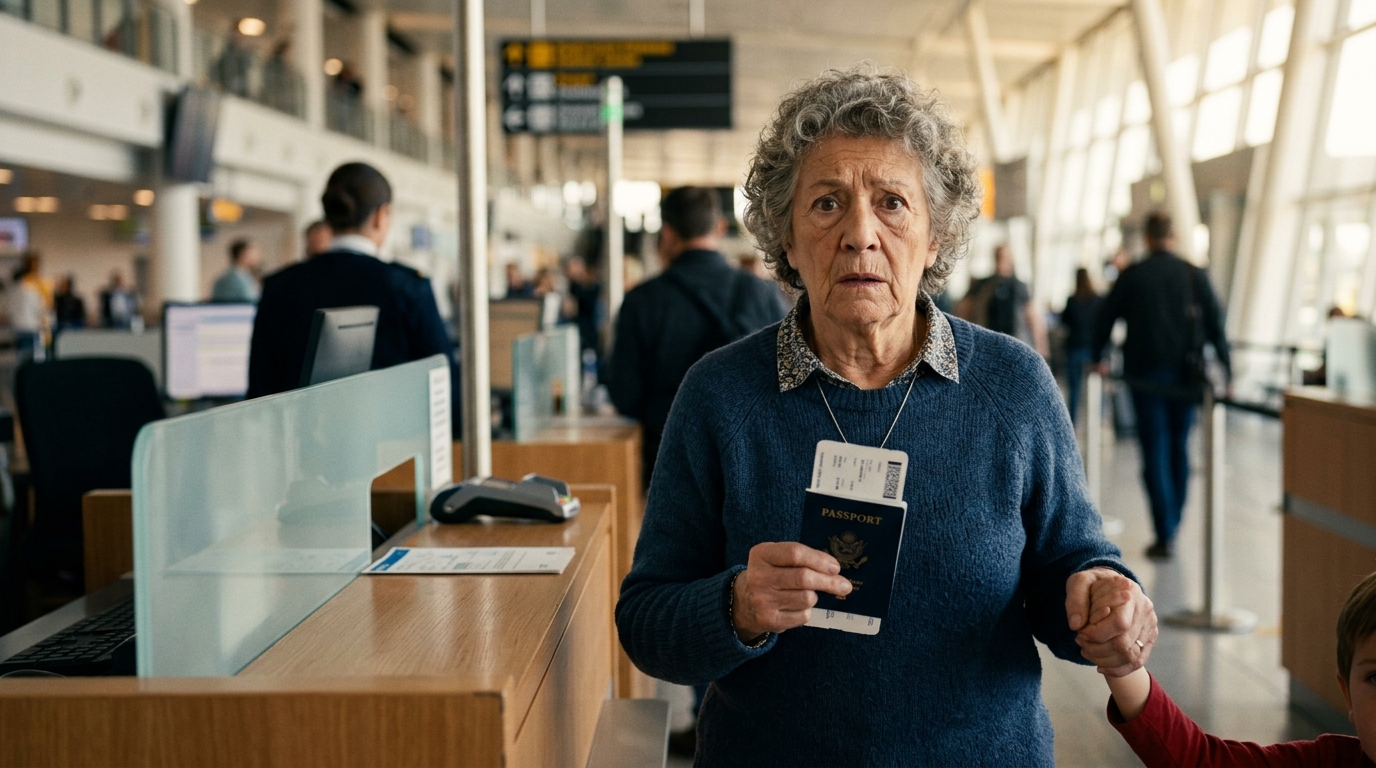 Grand-mère inquiète avec un enfant au contrôle aéroport