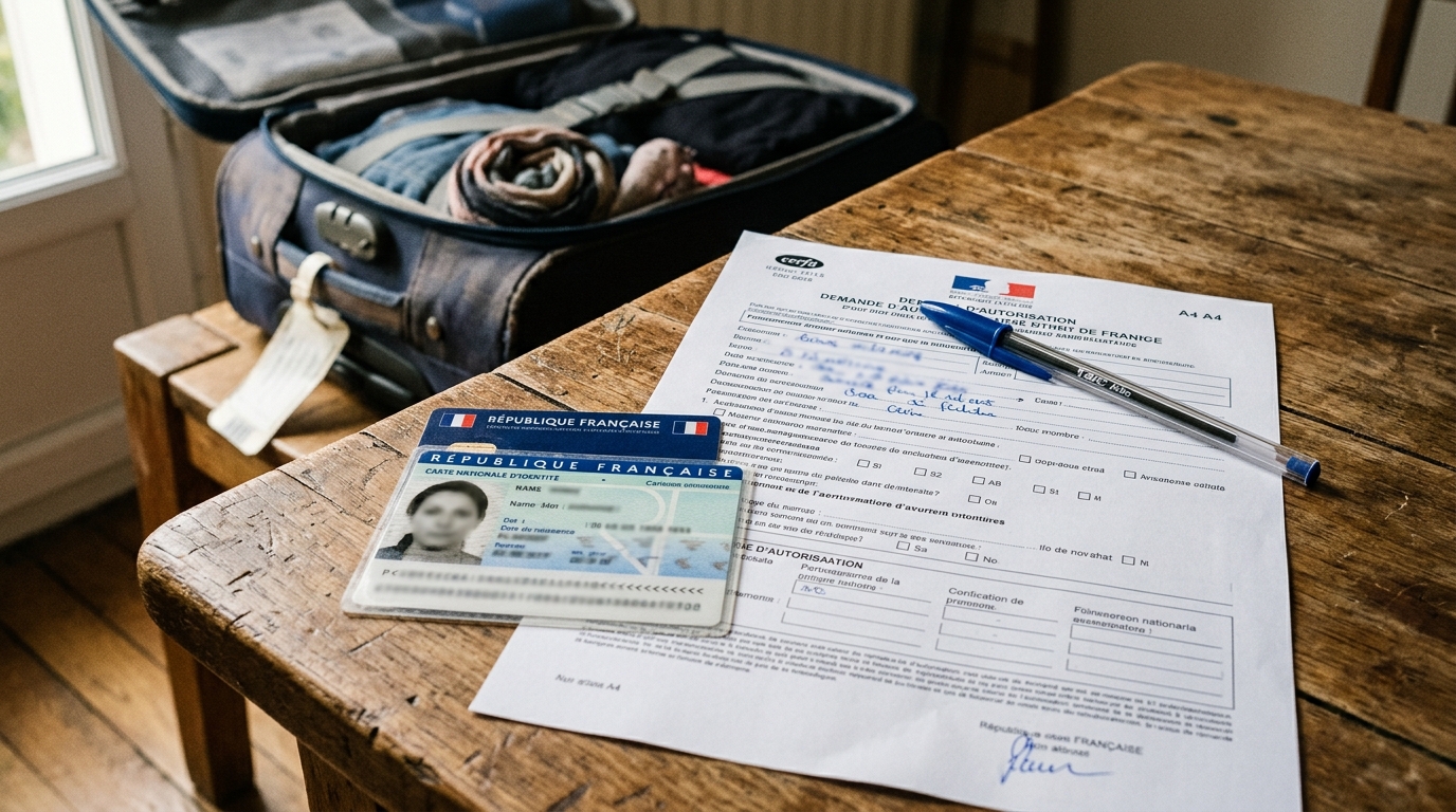 Formulaire administratif et stylo près d'une valise ouverte