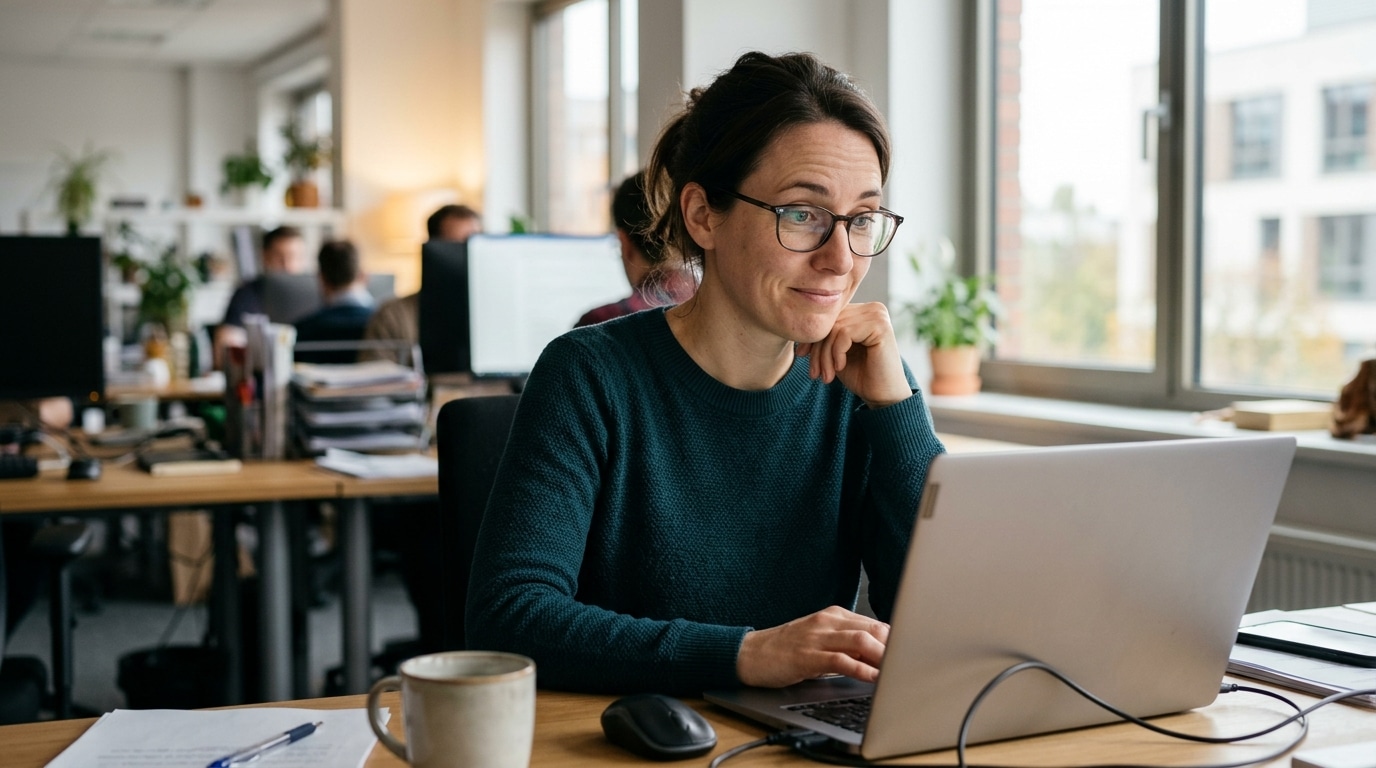 Salarié soulagé devant son écran d'ordinateur