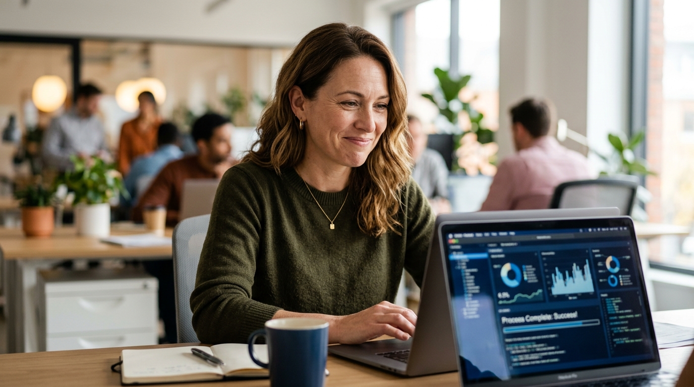 Employé souriant devant un écran d'ordinateur au bureau
