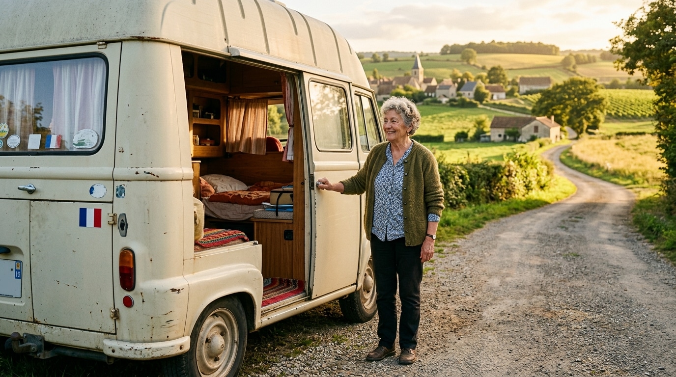 Retraitée souriante devant son van aménagé au coucher du soleil
