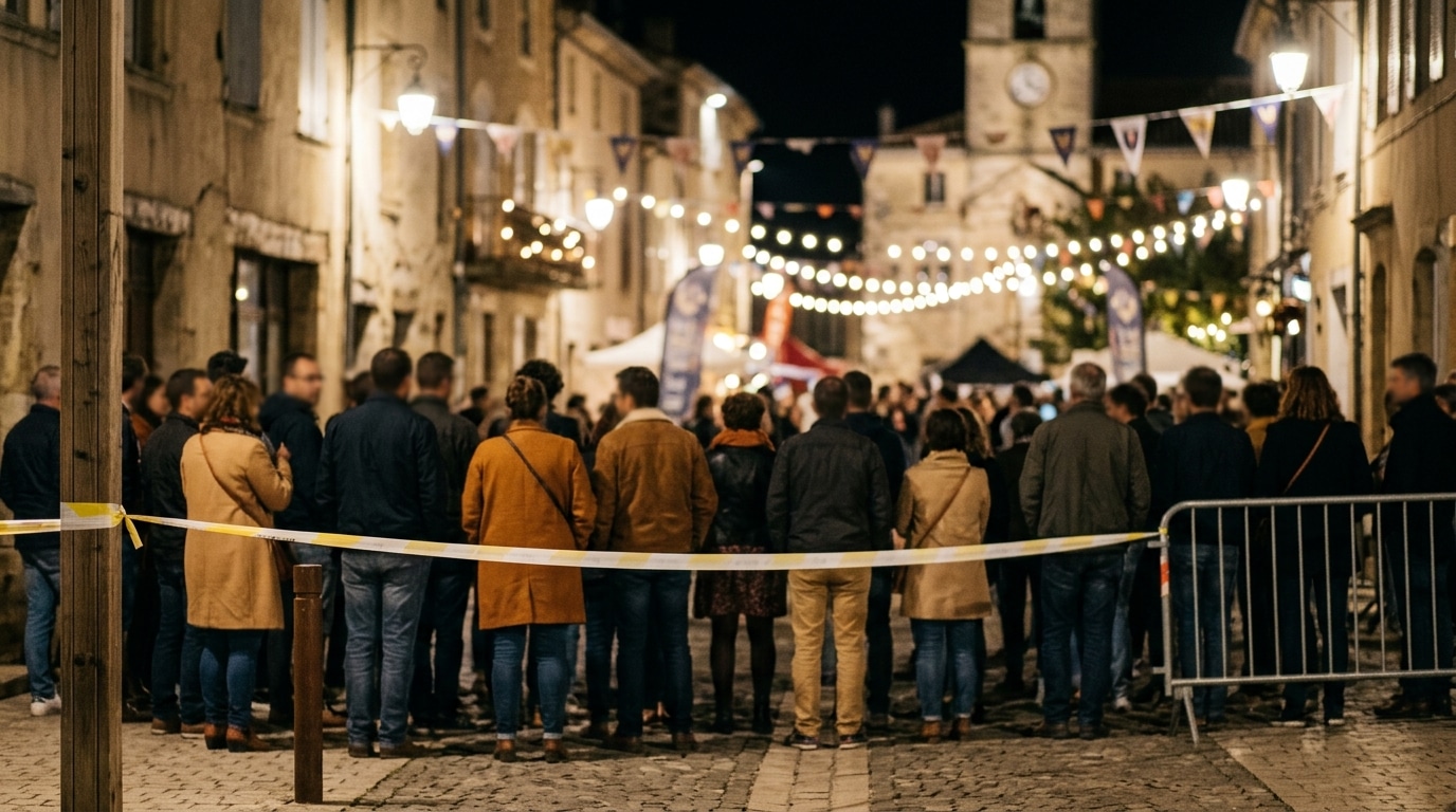 Foule rassemblée près d'un ruban de police la nuit