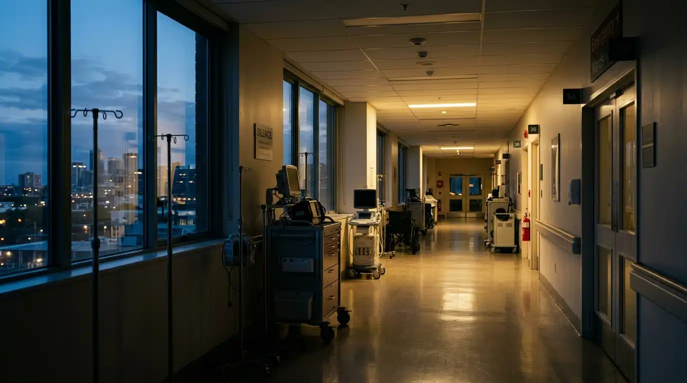 Couloir d'hôpital vide à la lumière tamisée du soir