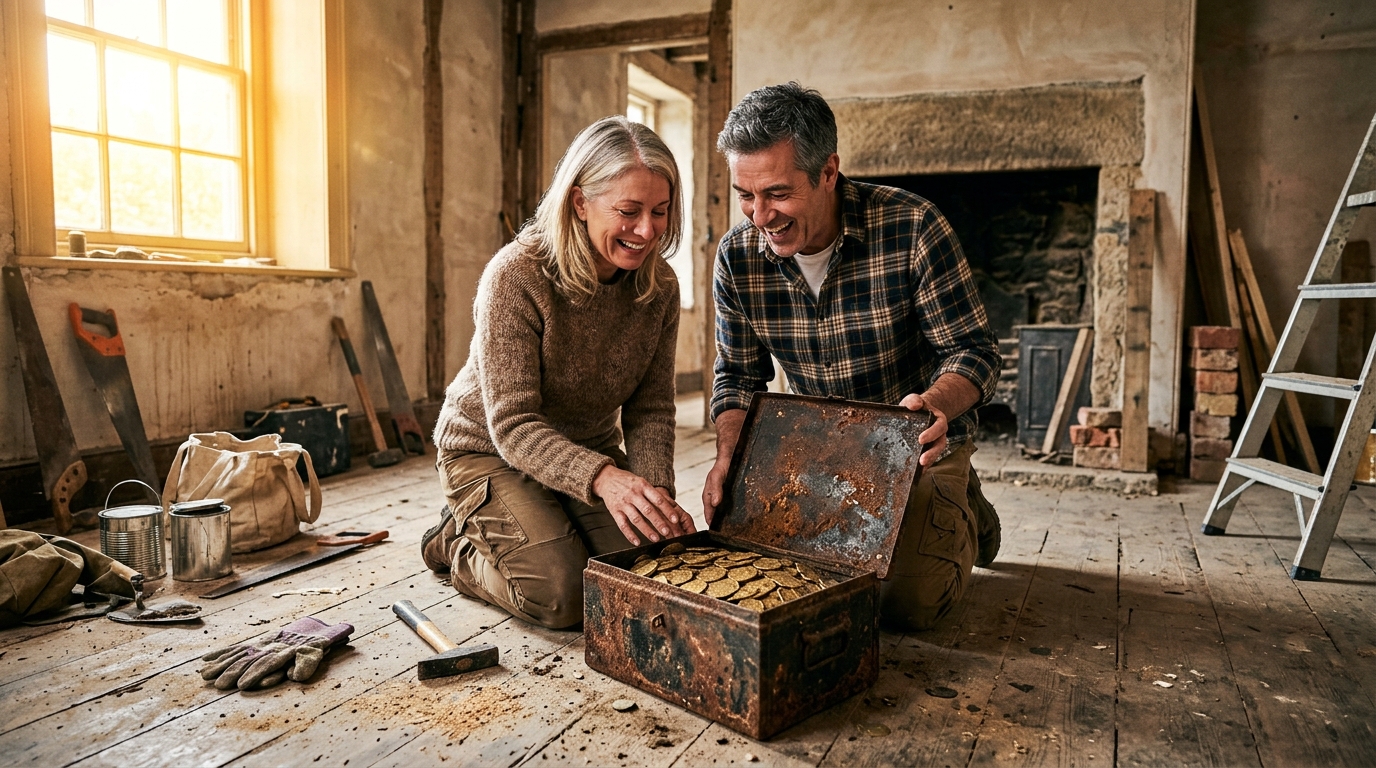 Couple découvre une boîte de pièces d'or dans un mur