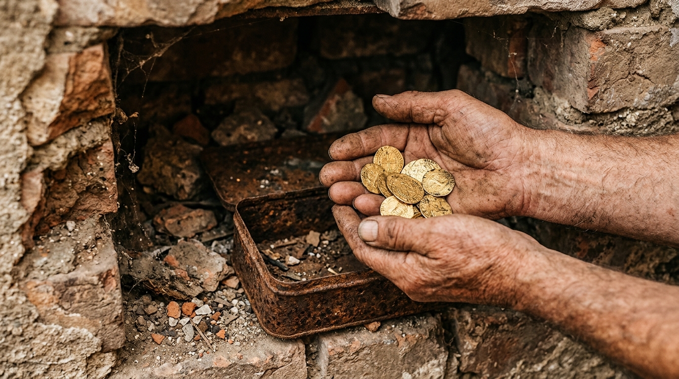 Mains tenant des pièces d'or anciennes trouvées