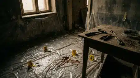 Pièce sombre avec bâches plastiques et outils métalliques