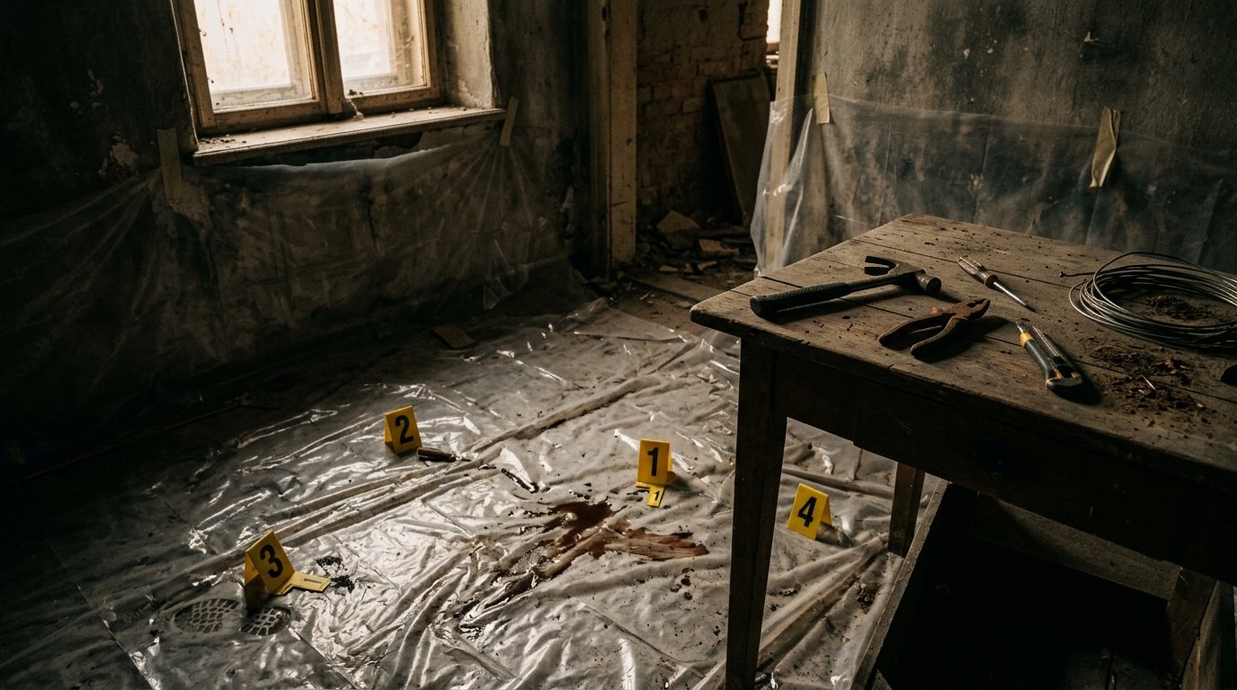 Pièce sombre avec bâches plastiques et outils métalliques