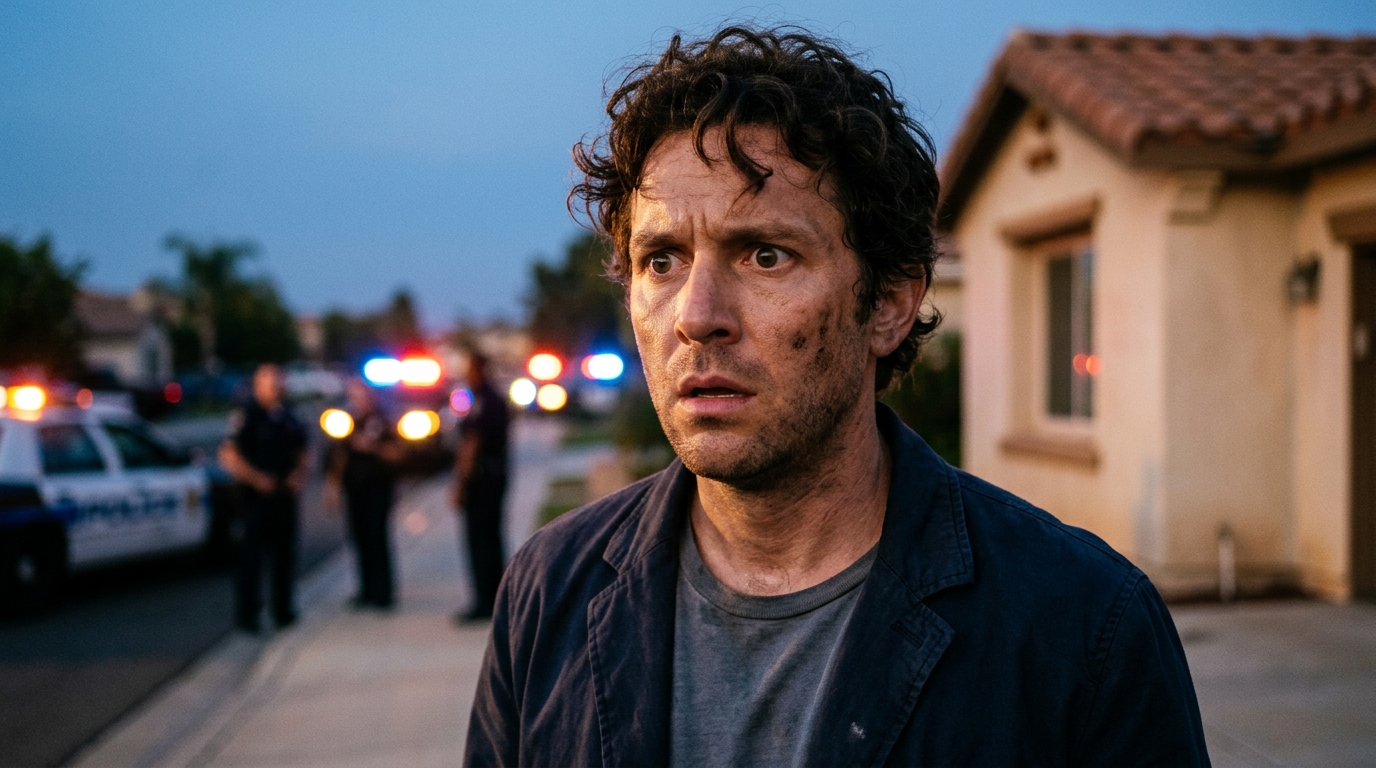 Homme choqué devant une maison espagnole la nuit