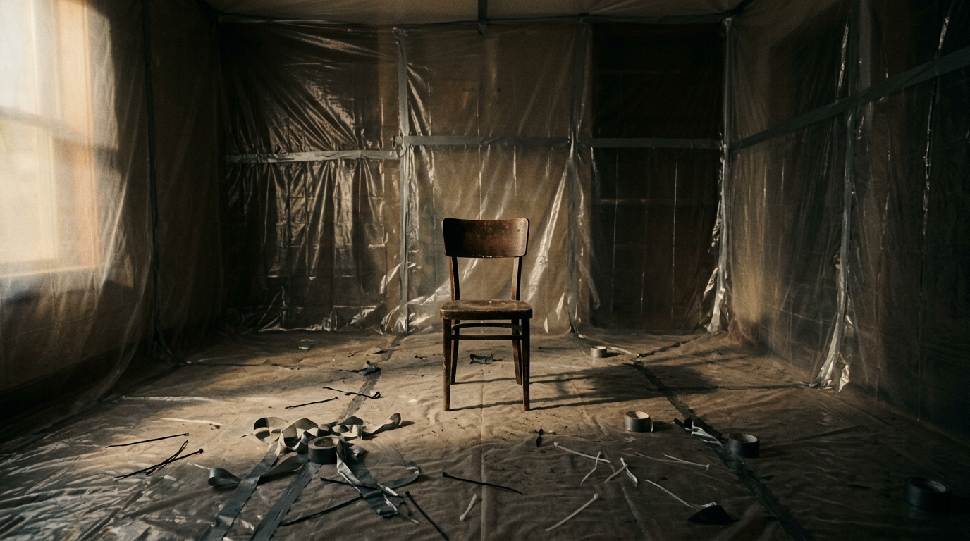 Pièce sombre tapissée de plastique avec une chaise