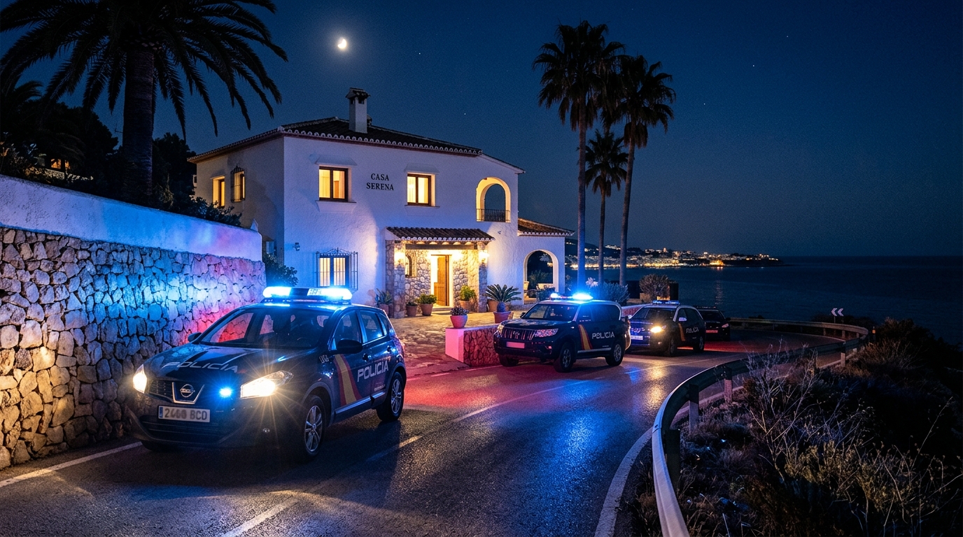 Voitures de police devant une villa espagnole la nuit