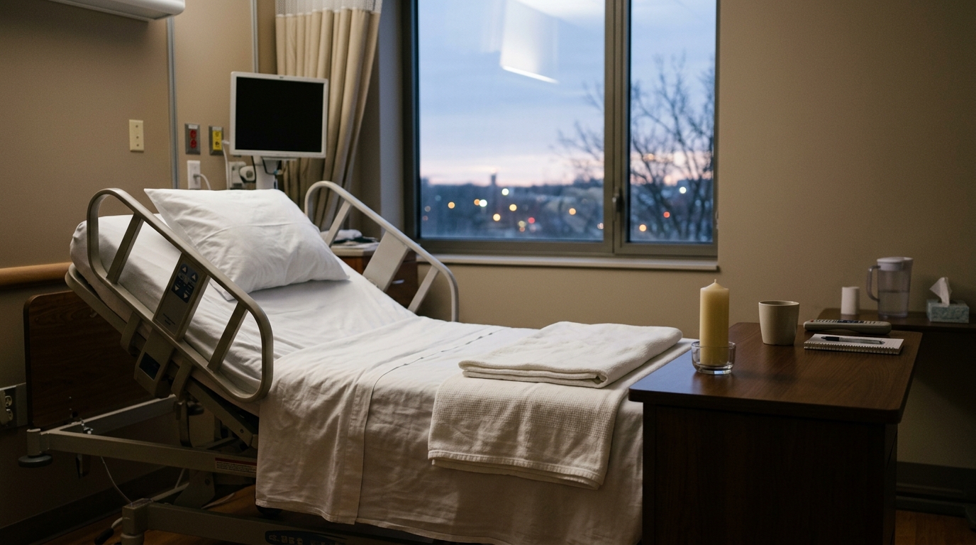 Lit d'hôpital vide baigné de lumière du soir