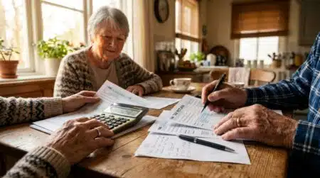 Couple de seniors consultant des documents fiscaux à table